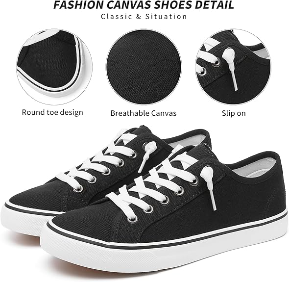 Women Canvas Sneaker Slip On Non Slip Casual Shoes Lace Up Canvas Low Top White Shoes Loafers for Women Fashion Black Sneaker